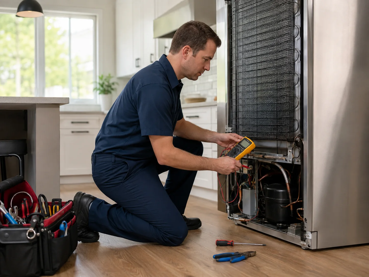 Appliance technician performing refrigerator diagnostics with a multimeter inside a Van Nuys home kitchen