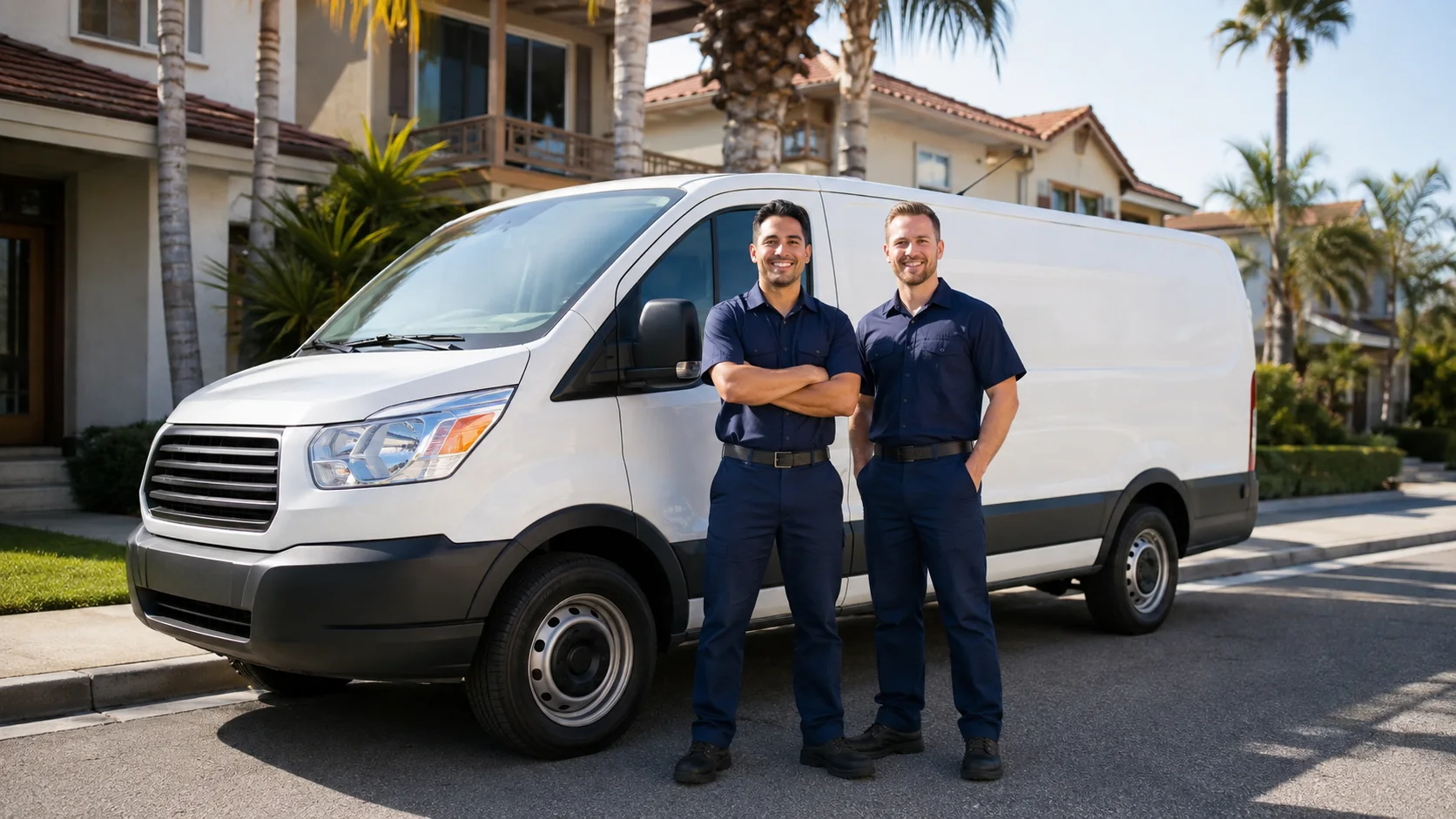 Appliance repair technicians beside an unbranded service van in a Van Nuys residential neighborhood