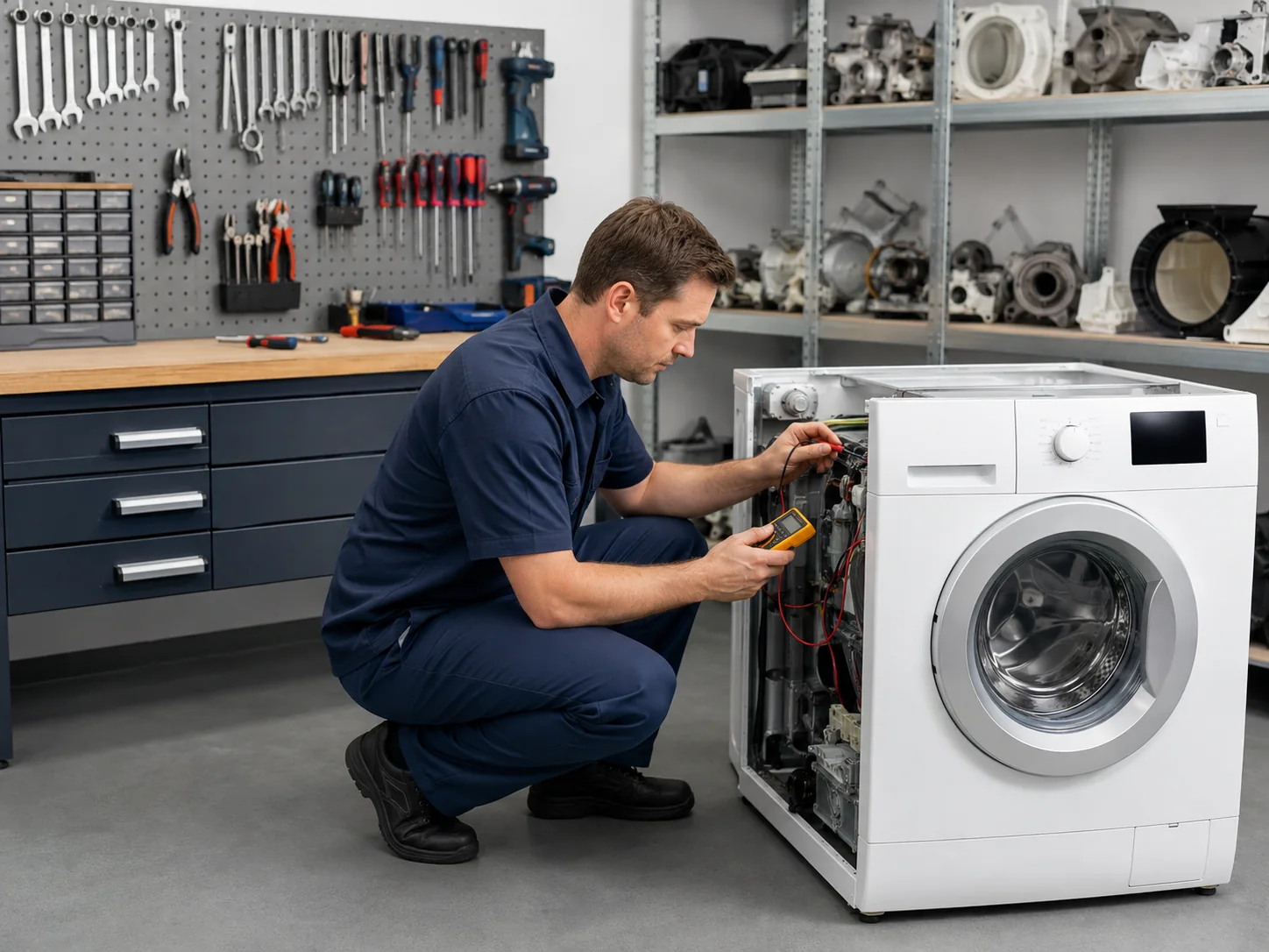 Professional appliance repair workshop with organized diagnostic tools and replacement parts in Van Nuys, CA