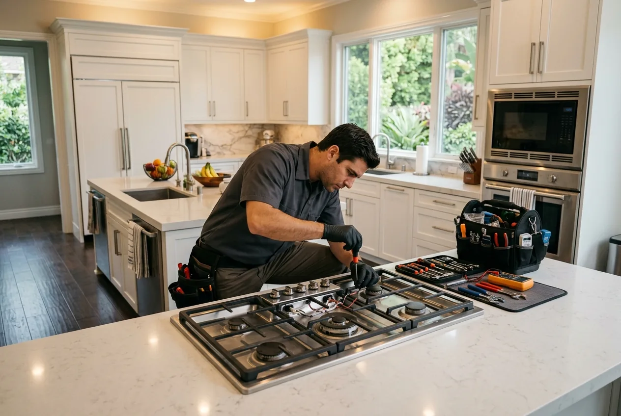 Technician repairing a cooktop in a large Encino California residential kitchen