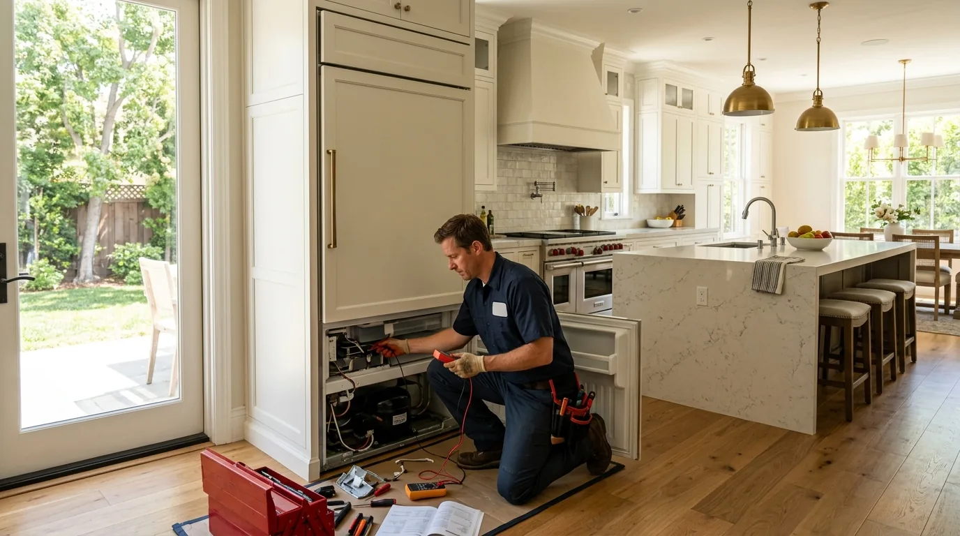 Appliance repair technician servicing a built-in refrigerator inside a spacious Encino, California home kitchen