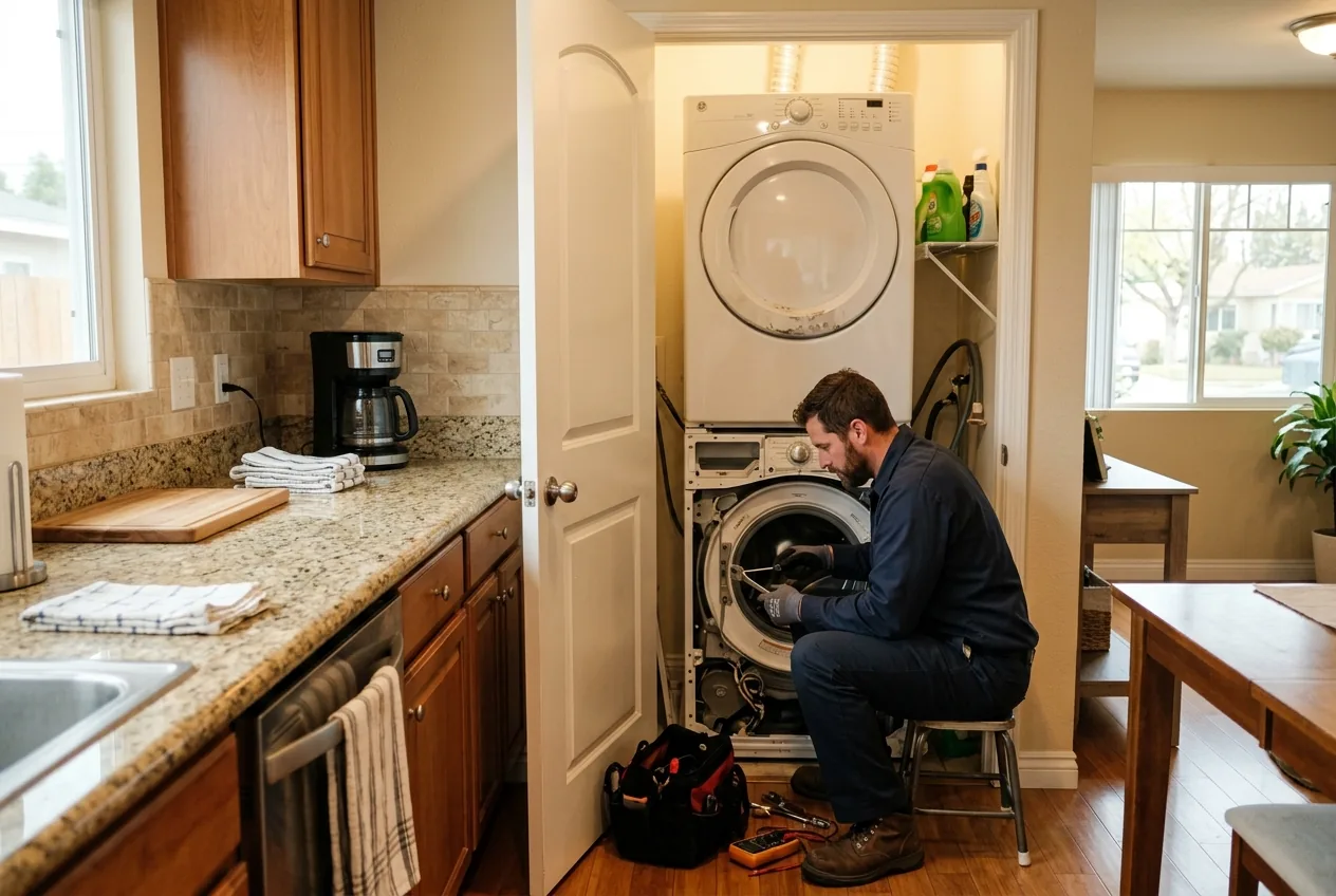 Technician repairing a stacked washer and dryer in a compact Panorama City apartment laundry closet