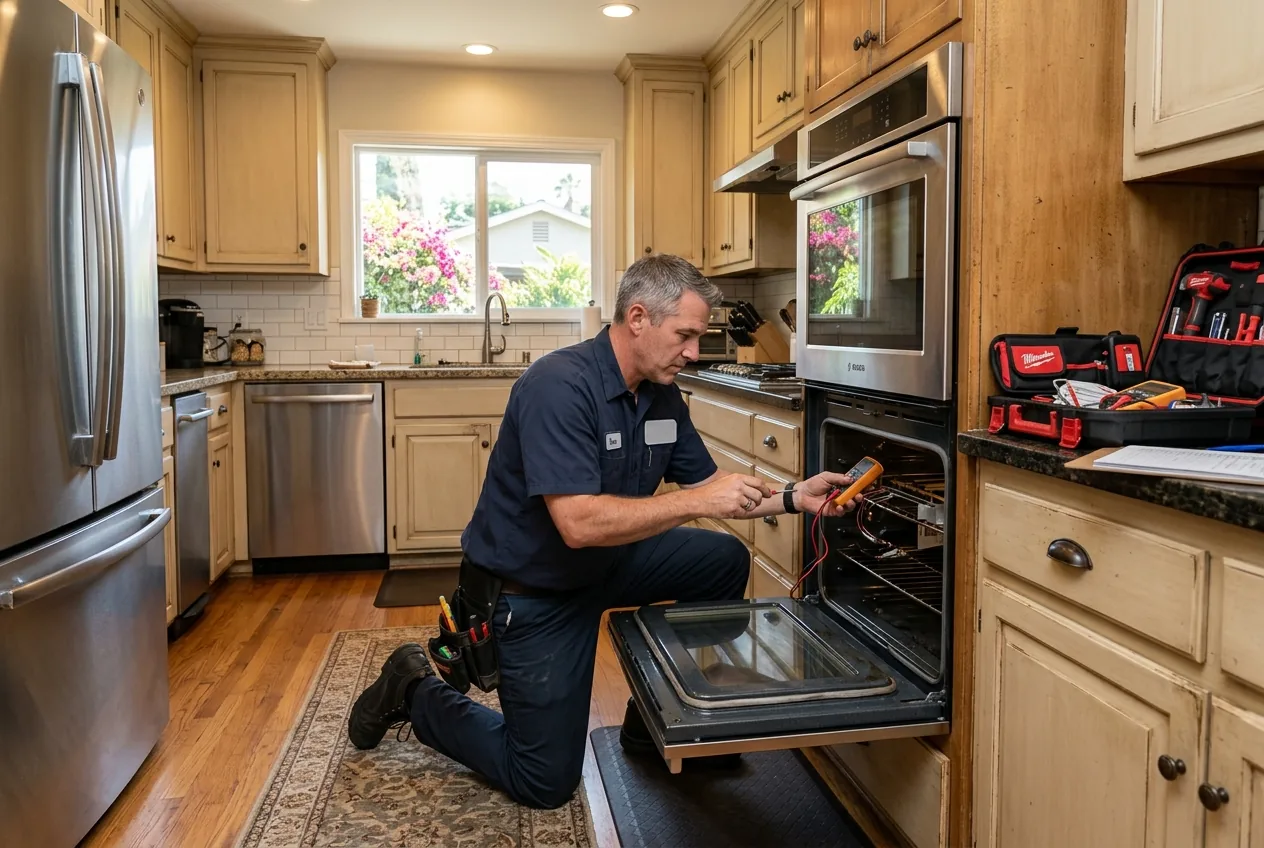 Technician repairing an oven inside a Pasadena California home kitchen