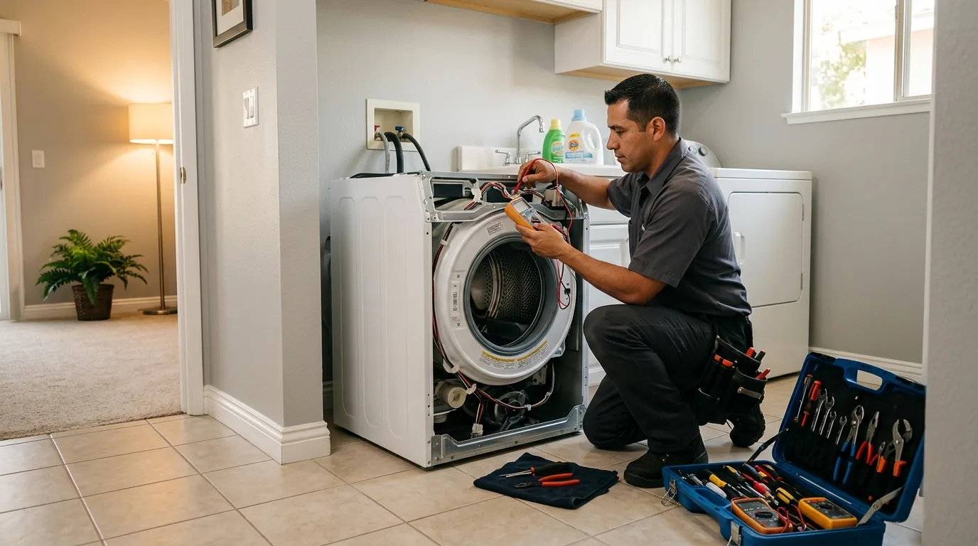 Appliance repair technician diagnosing a washing machine inside a Pasadena, California home