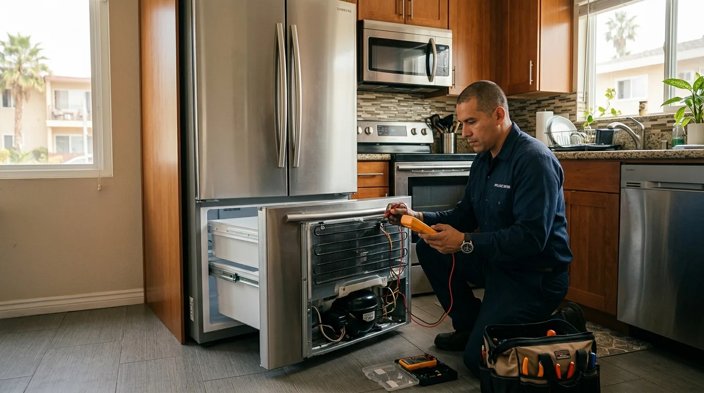 Technician diagnosing a refrigerator inside a Reseda California home kitchen
