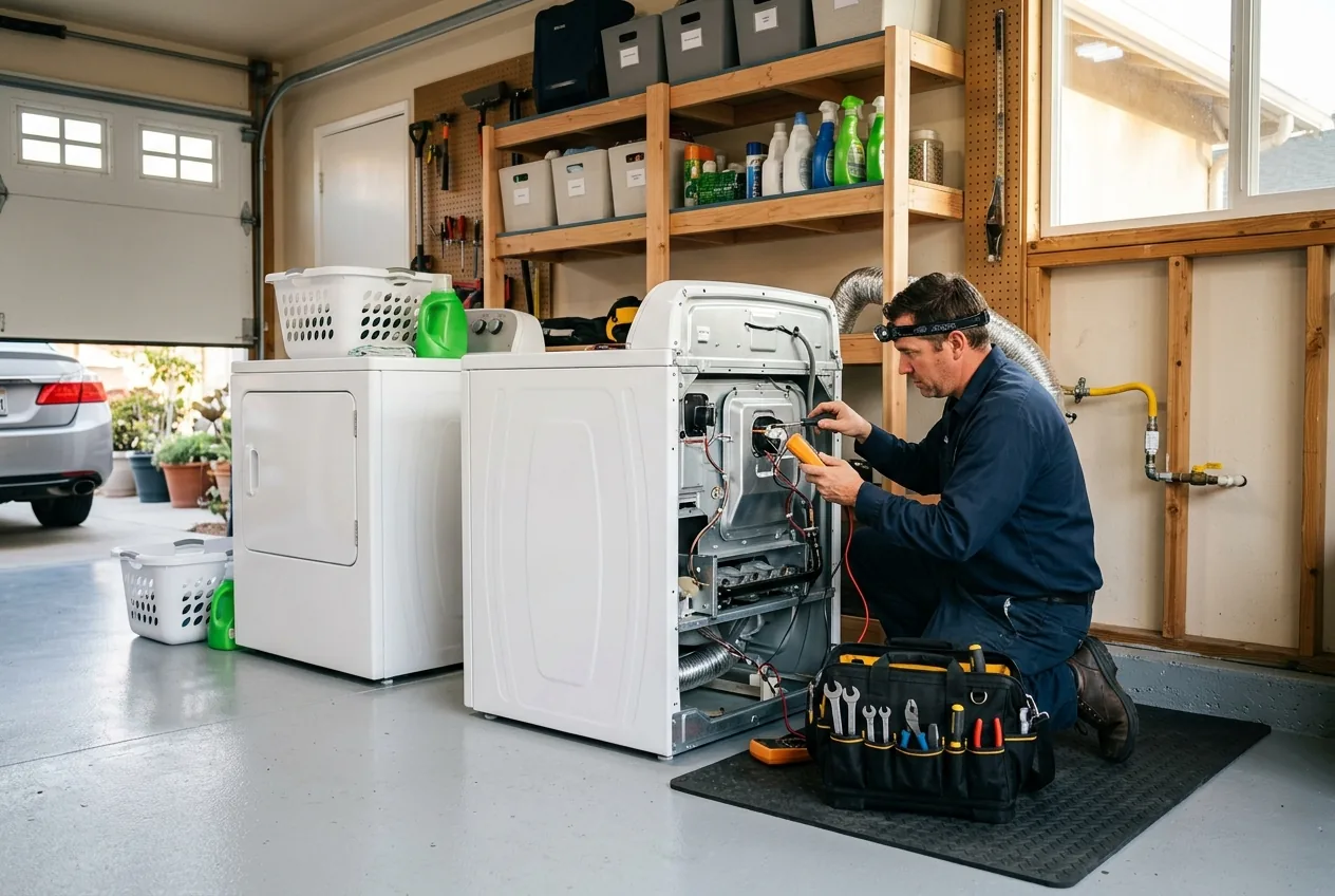 Technician repairing a dryer inside a residential laundry setup in Reseda, California