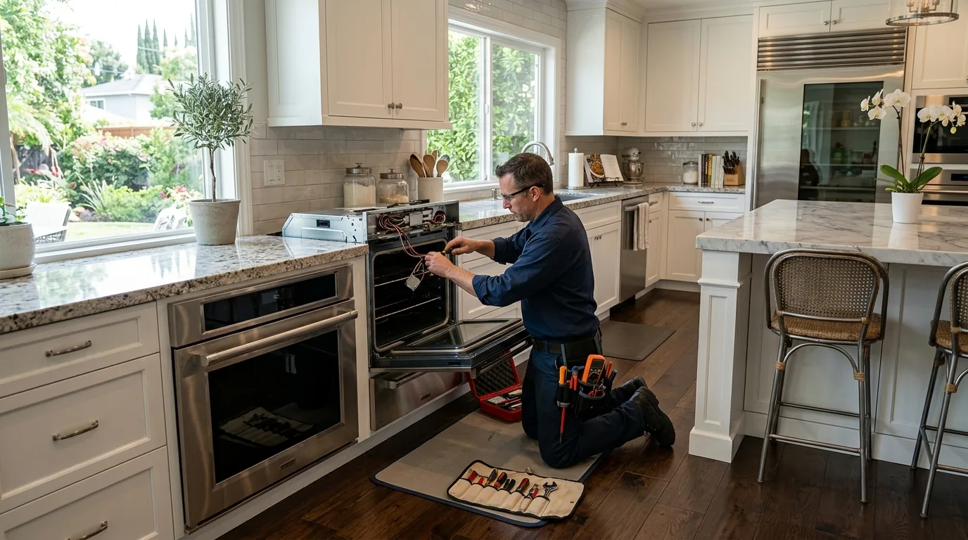 Appliance repair technician working on a built-in wall oven inside a remodeled Sherman Oaks home kitchen