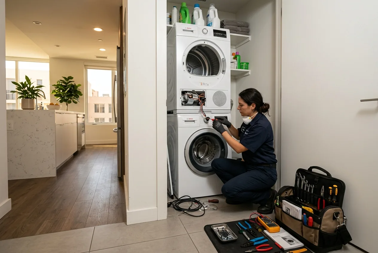 Professional appliance technician repairing a stacked laundry unit inside a compact West Hollywood apartment