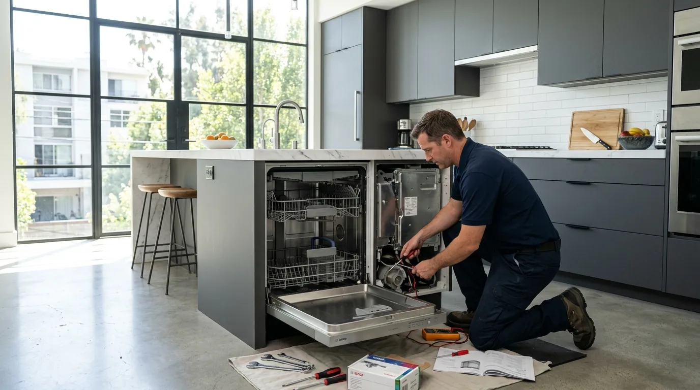 Appliance repair technician servicing a built-in dishwasher inside a modern West Hollywood apartment kitchen