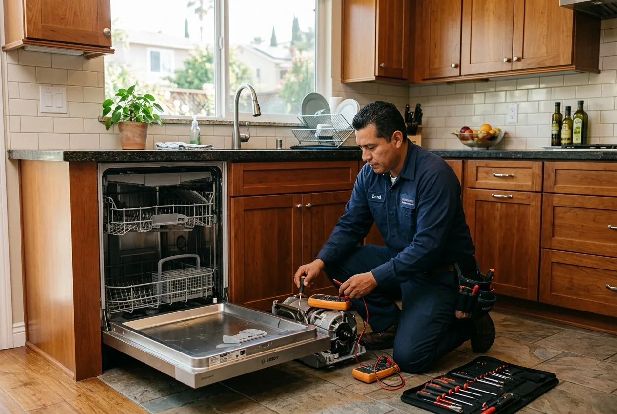 Technician diagnosing a dishwasher inside a Woodland Hills California home kitchen