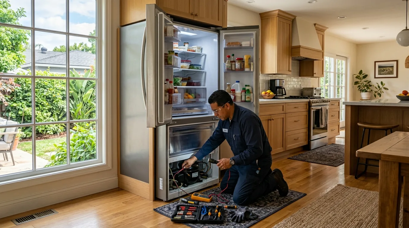 Professional appliance technician repairing a dryer inside a Woodland Hills California home laundry room