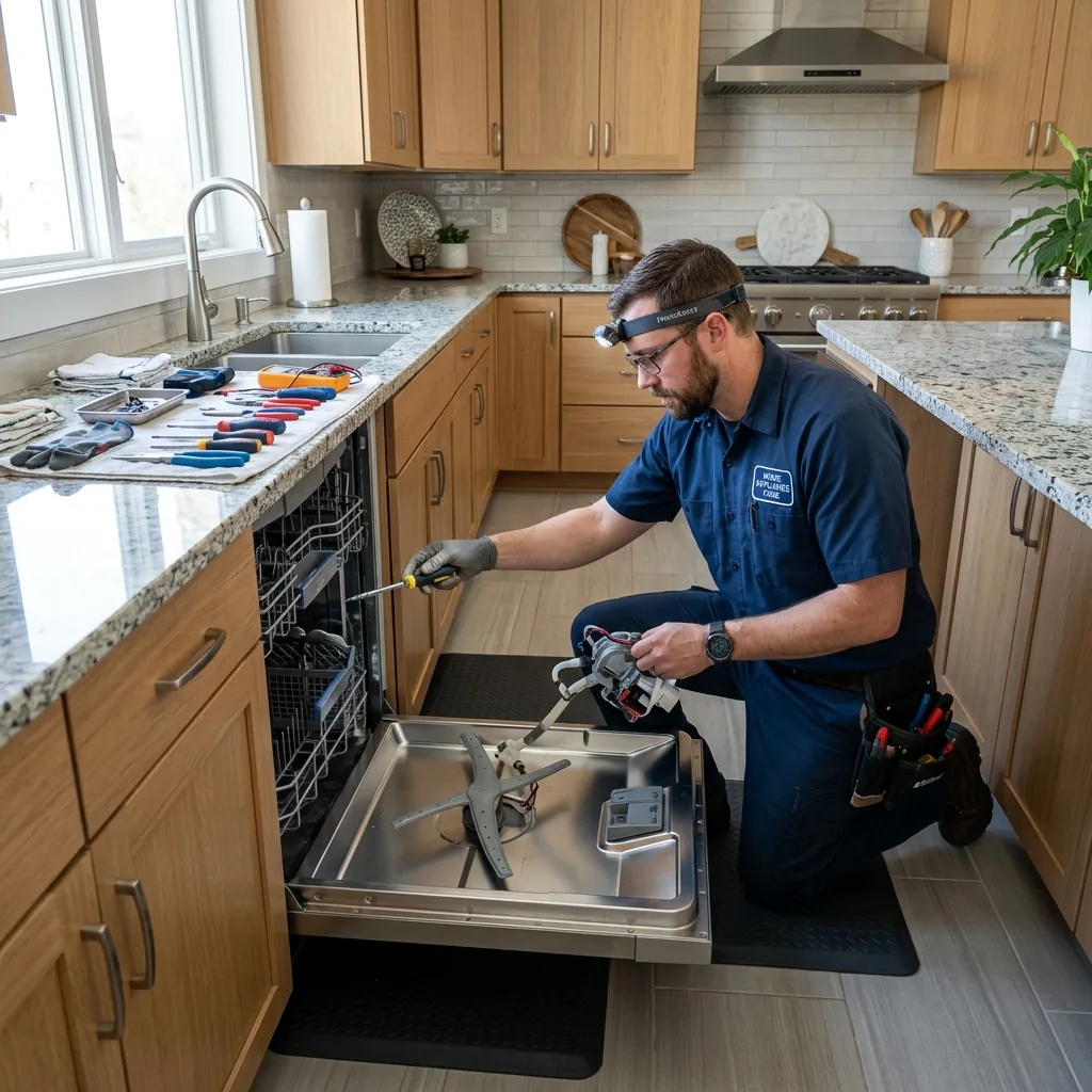 Technician inspecting a dishwasher drain system during a service call in a Van Nuys kitchen