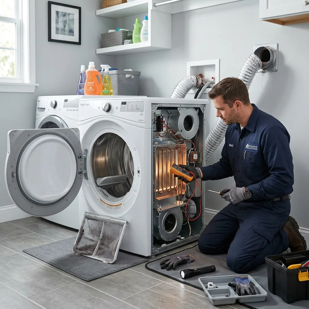Professional dryer repair service with diagnostic tools in a Van Nuys laundry room