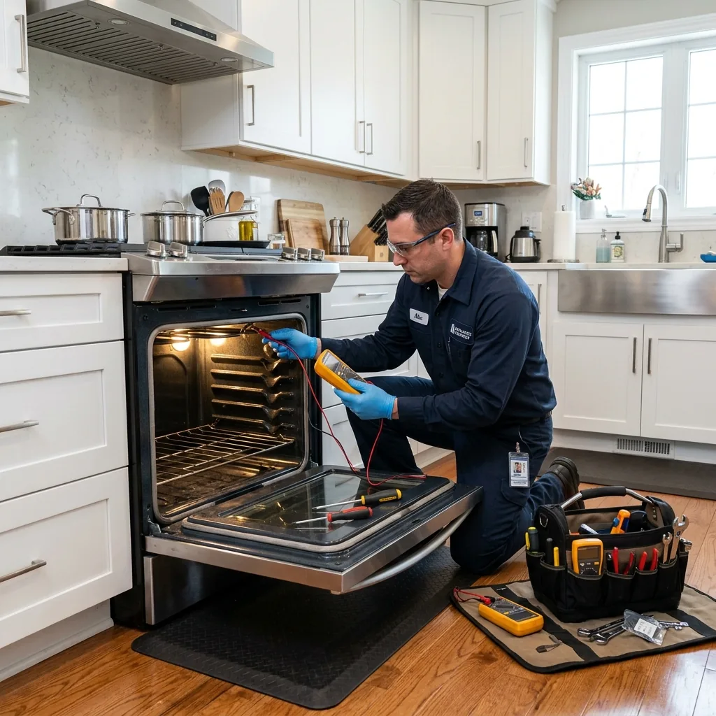 Technician testing gas burner igniter on a freestanding range in a Van Nuys kitchen