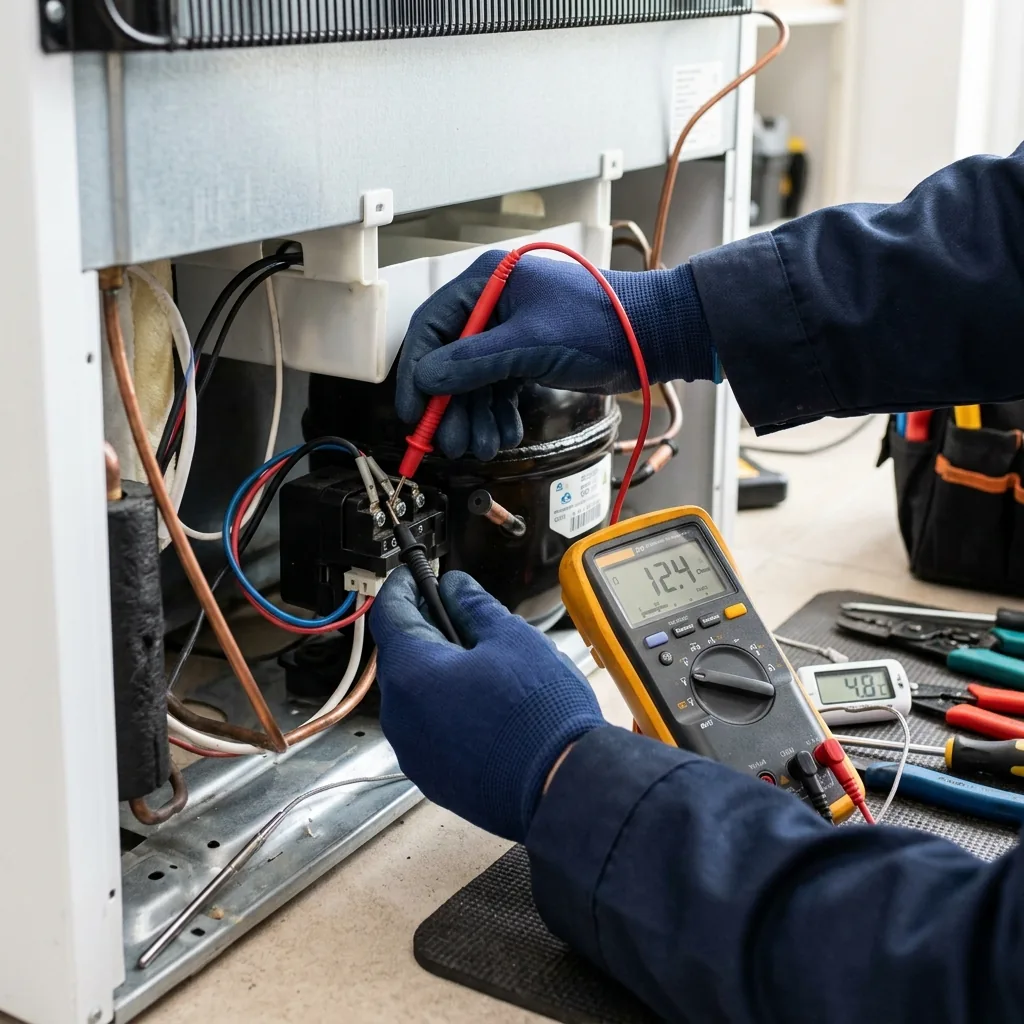 Refrigerator condenser coil inspection and temperature testing during a Van Nuys service call