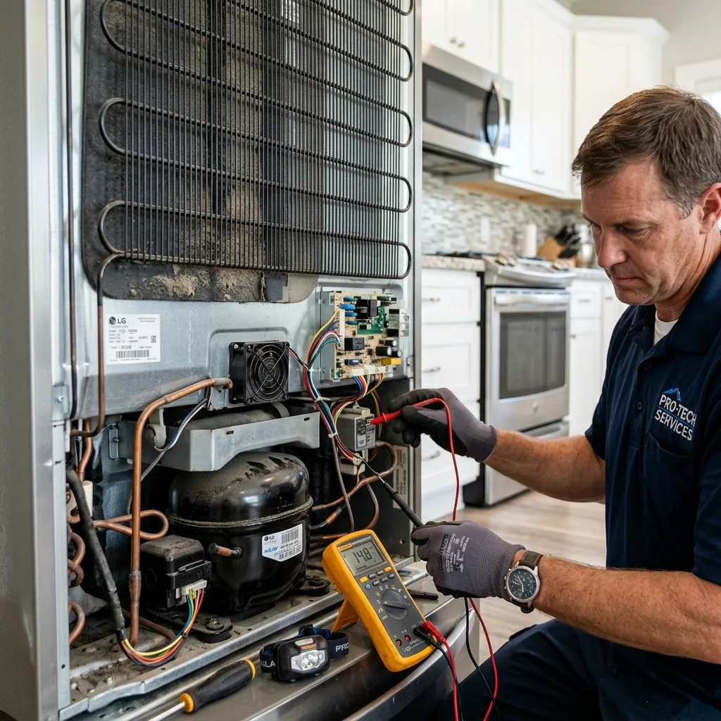 Technician inspecting a residential refrigerator with diagnostic tools in a Van Nuys kitchen