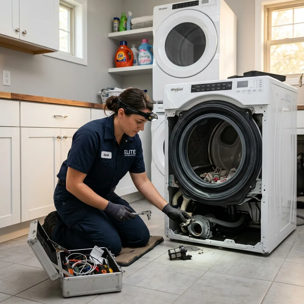 Technician diagnosing a front-load washing machine inside a Van Nuys home